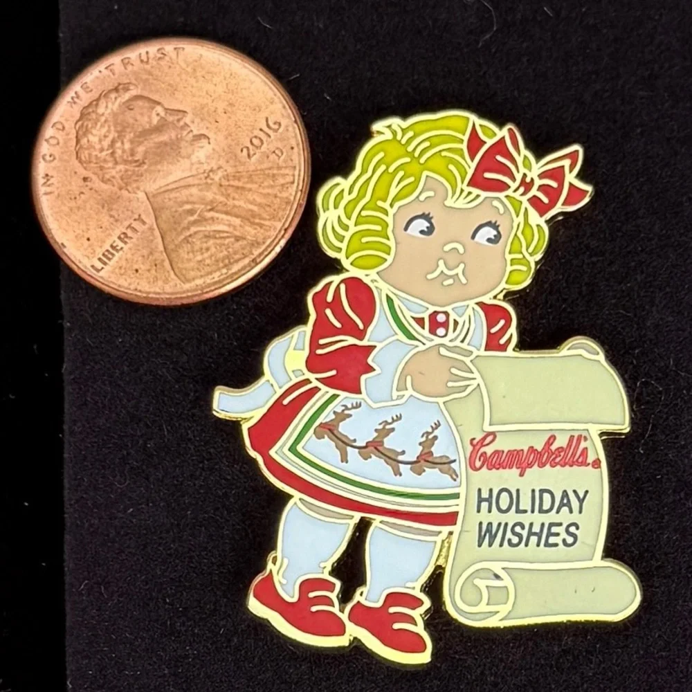 Vintage Campbell’s Holiday Wishes Girl Christmas Enamel Brooch Pin
